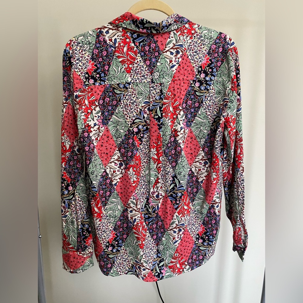 Ann Taylor Loft Tile Ruffle Mixed Media Shell - Picture 2 of 3